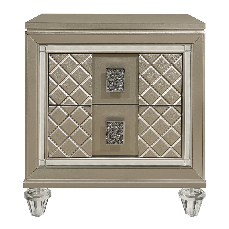 Loy Nightstand- 2 Drawers- Champagne Gold Metallic- Mirror Trim