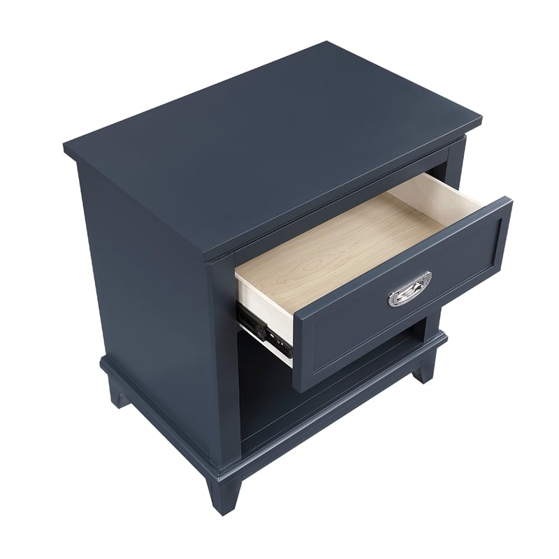 Sely Nightstand- 1 Drawer w Open Cubby- Navy Blue Wood- Ring Handle