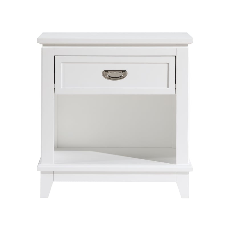 Sely Nightstand- 1 Drawer w Open Cubby- White Wood- Ring Handle