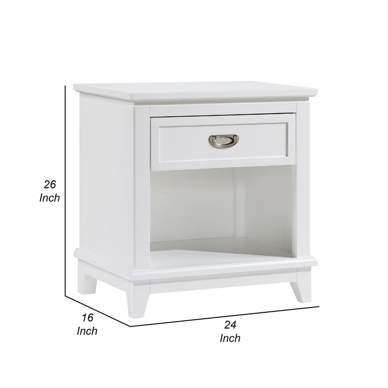 Sely Nightstand- 1 Drawer w Open Cubby- White Wood- Ring Handle