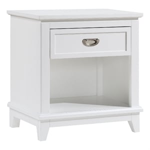 Sely Nightstand- 1 Drawer w Open Cubby- White Wood- Ring Handle