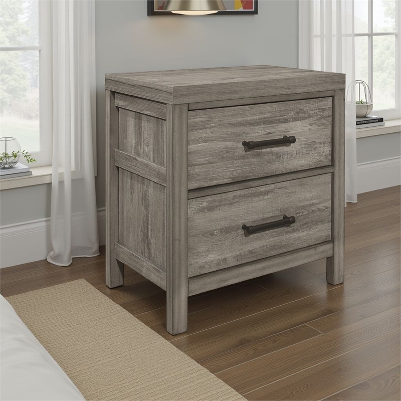 Rie 2 Drawer Nightstand- 26 Inch- Weathered Gray Melamine Laminate