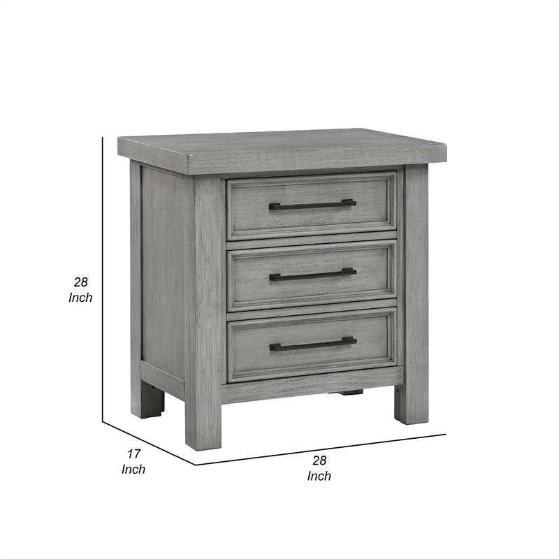 Daisy Nightstand- Gray Mango Veneer- 3 Drawers- Bronze Metal Knobs