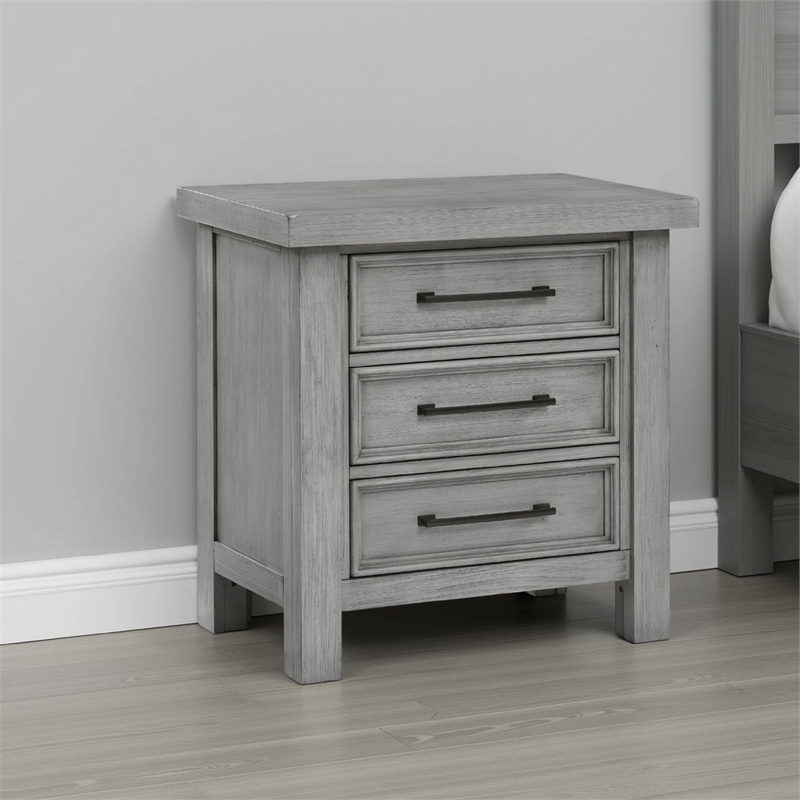 Daisy Nightstand- Gray Mango Veneer- 3 Drawers- Bronze Metal Knobs