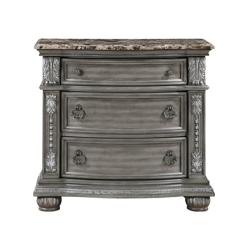 Toga 3 Drawer Nightstand- Gray Acacia Wood Carved Details- 35 Inch