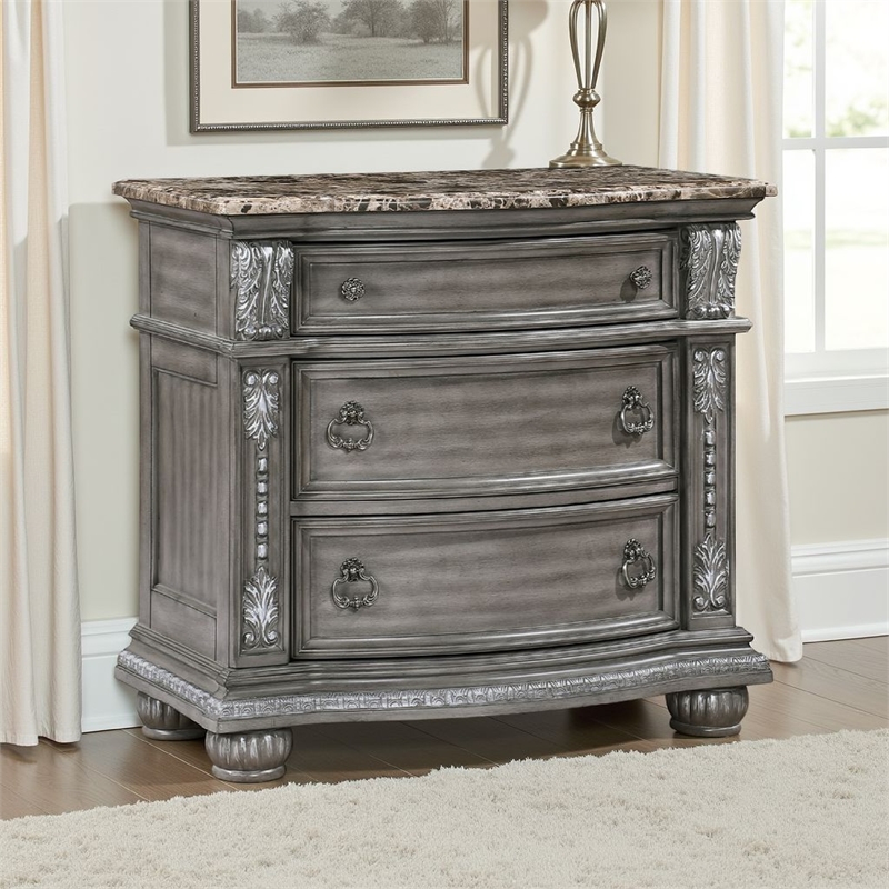 Toga 3 Drawer Nightstand- Gray Acacia Wood Carved Details- 35 Inch