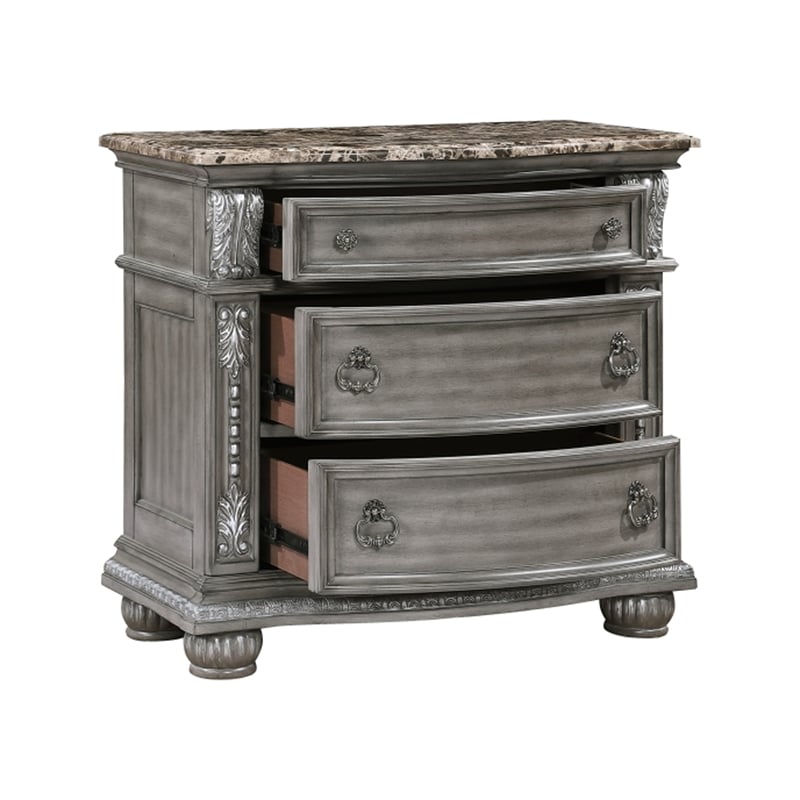 Toga 3 Drawer Nightstand- Gray Acacia Wood Carved Details- 35 Inch