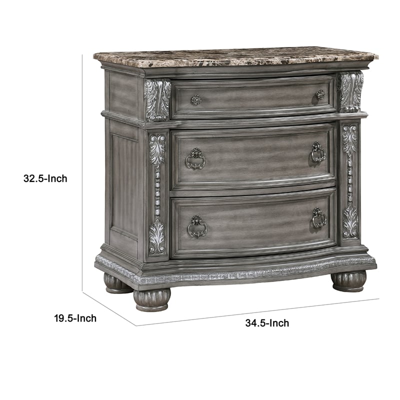 Toga 3 Drawer Nightstand- Gray Acacia Wood Carved Details- 35 Inch