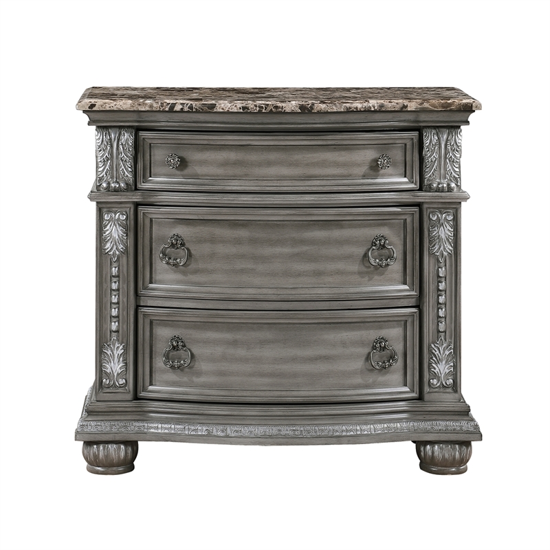 Toga 3 Drawer Nightstand- Gray Acacia Wood Carved Details- 35 Inch