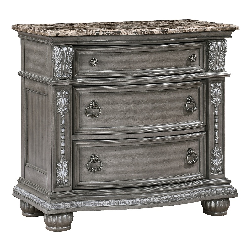 Toga 3 Drawer Nightstand- Gray Acacia Wood Carved Details- 35 Inch