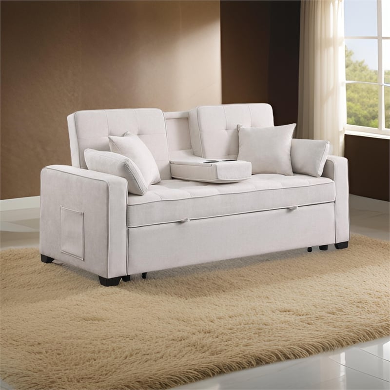 Oli 70 Inch Convertible Sleeper Loveseat- Pull Out Bed- 4 Pillows- Beige