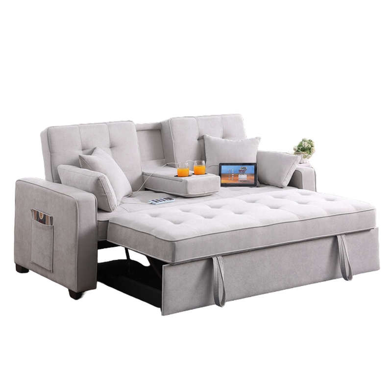 Oli 70 Inch Convertible Sleeper Loveseat- Pull Out Bed- Pillows- Light Gray