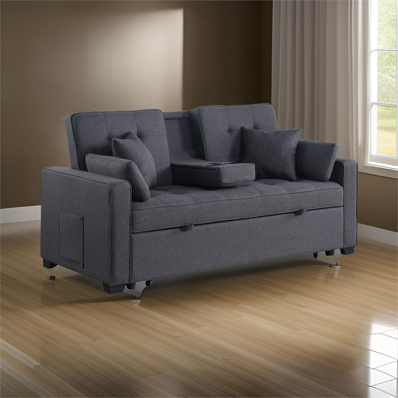 Oli 70 Inch Convertible Sleeper Loveseat- Pull Out Bed- Pillows- Stone Gray