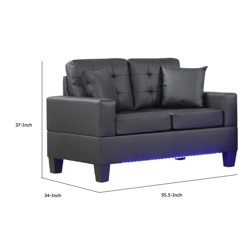 Iris Loveseat w 2 Pillows- LED- USB Ports- Black Faux Leather- 56 Inch