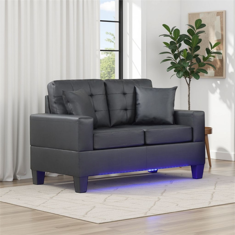 Iris Loveseat w 2 Pillows- LED- USB Ports- Black Faux Leather- 56 Inch