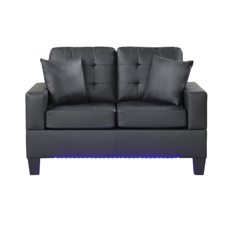 Iris Loveseat w 2 Pillows- LED- USB Ports- Black Faux Leather- 56 Inch