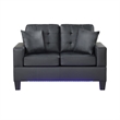 Iris Loveseat w 2 Pillows- LED- USB Ports- Black Faux Leather- 56 Inch