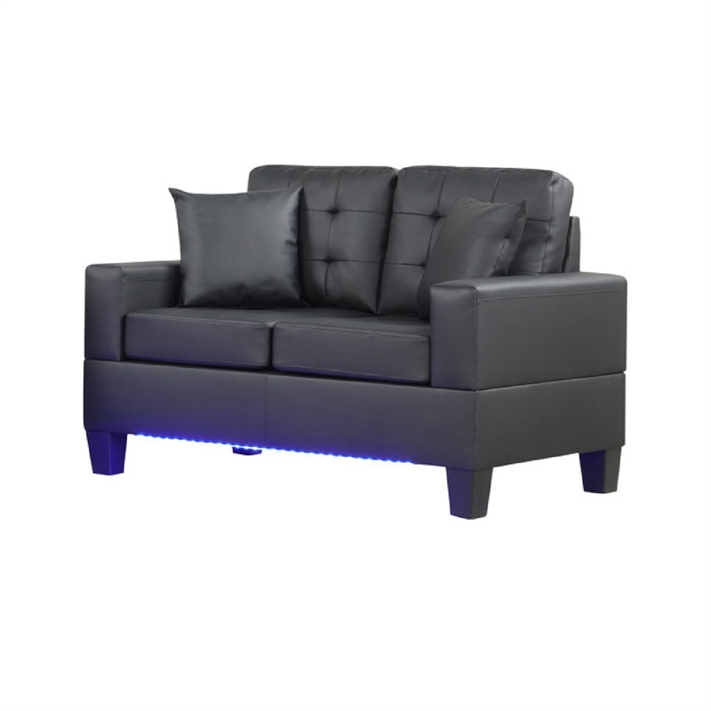 Iris Loveseat w 2 Pillows- LED- USB Ports- Black Faux Leather- 56 Inch