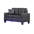 Iris Loveseat w 2 Pillows- LED- USB Ports- Black Faux Leather- 56 Inch