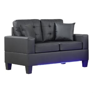 Iris Loveseat w 2 Pillows- LED- USB Ports- Black Faux Leather- 56 Inch