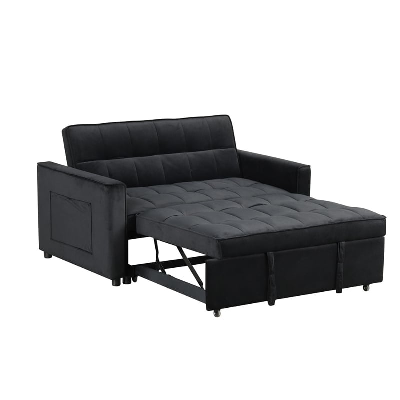 Marve Convertible Sleeper Loveseat- Side Pockets- Black Velvet 54 Inch