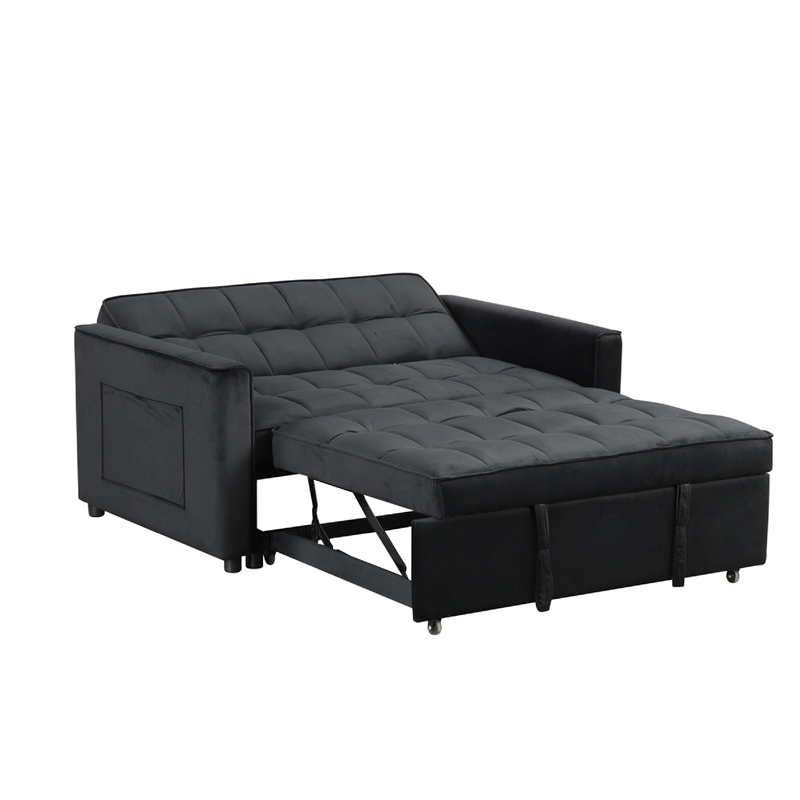 Marve Convertible Sleeper Loveseat- Side Pockets- Black Velvet 54 Inch