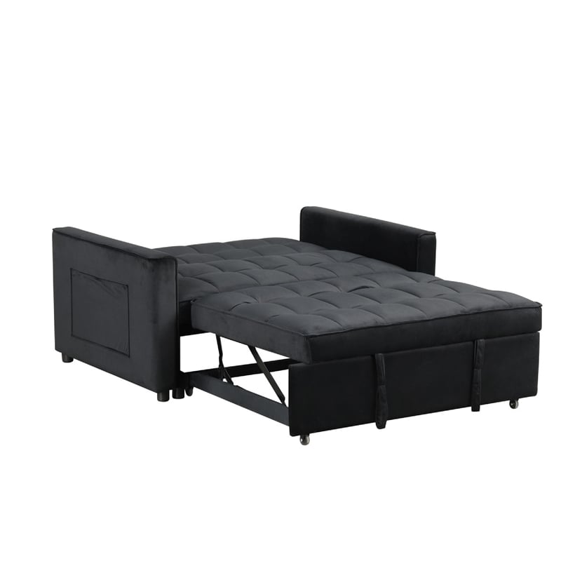 Marve Convertible Sleeper Loveseat- Side Pockets- Black Velvet 54 Inch