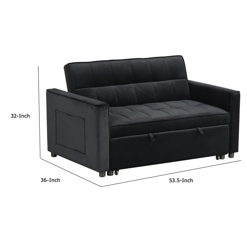 Marve Convertible Sleeper Loveseat- Side Pockets- Black Velvet 54 Inch