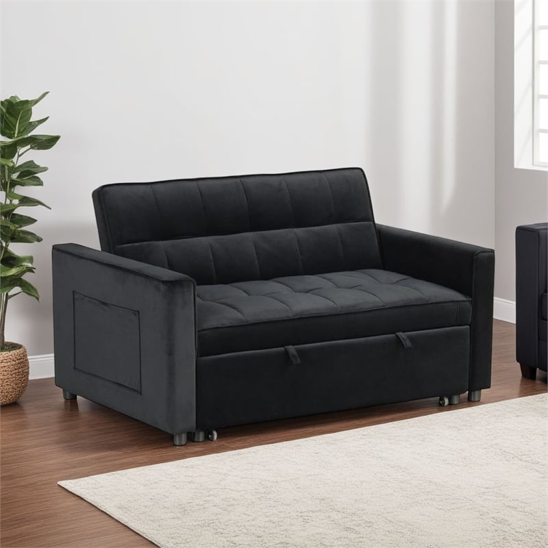 Marve Convertible Sleeper Loveseat- Side Pockets- Black Velvet 54 Inch