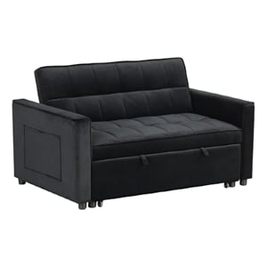 Marve Convertible Sleeper Loveseat- Side Pockets- Black Velvet 54 Inch