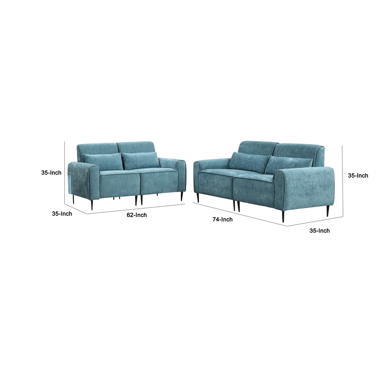 Tiu 2pc Sofa- Loveseat Set- 4 Pillows- Black Metal Legs- Blue Chenille