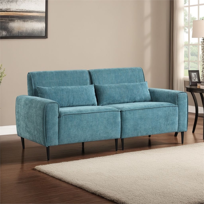 Tiu 2pc Sofa- Loveseat Set- 4 Pillows- Black Metal Legs- Blue Chenille
