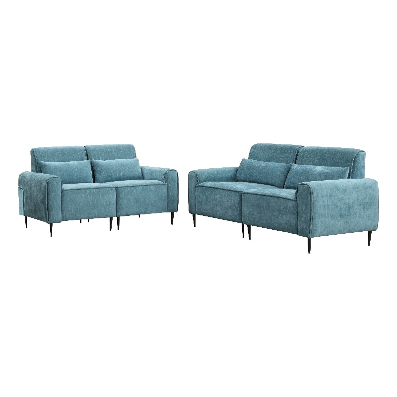 Tiu 2pc Sofa- Loveseat Set- 4 Pillows- Black Metal Legs- Blue Chenille