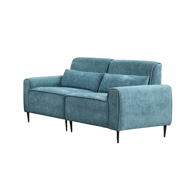 Tiu 2pc Sofa- Loveseat Set- 4 Pillows- Black Metal Legs- Blue Chenille