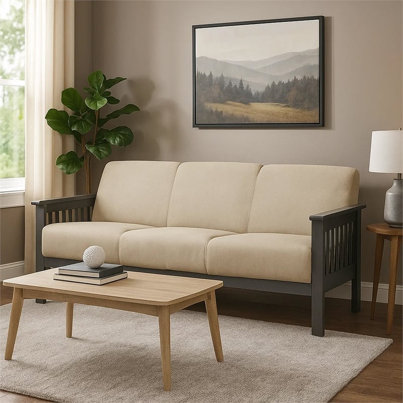 Wiston 72 Inch Sofa- Soft Beige Polyester- Dark Gray Solid Rubberwood
