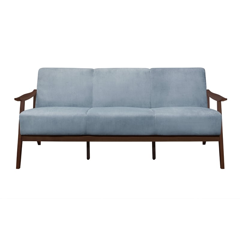 Rica 73 Inch Sofa- Soft Blue Gray Velvet- Walnut Brown Solid Rubberwood