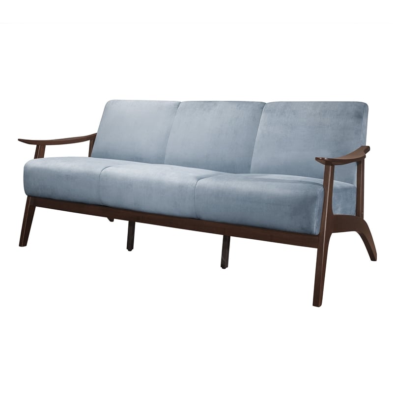 Rica 73 Inch Sofa- Soft Blue Gray Velvet- Walnut Brown Solid Rubberwood