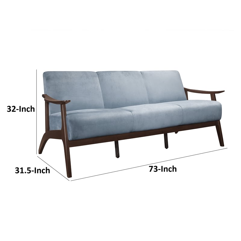 Rica 73 Inch Sofa- Soft Blue Gray Velvet- Walnut Brown Solid Rubberwood