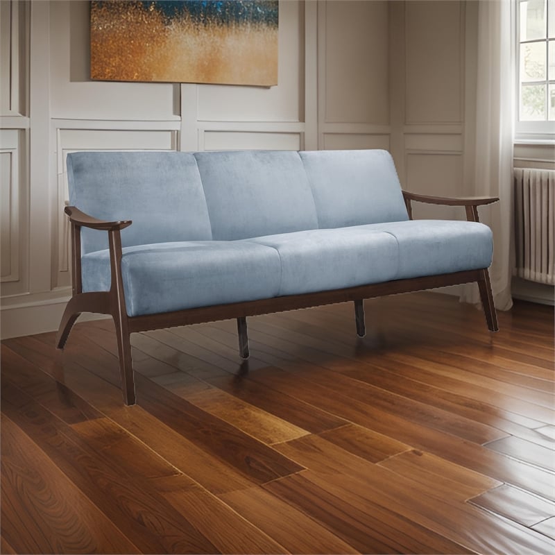 Rica 73 Inch Sofa- Soft Blue Gray Velvet- Walnut Brown Solid Rubberwood