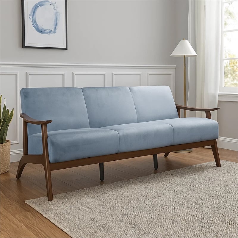 Rica 73 Inch Sofa- Soft Blue Gray Velvet- Walnut Brown Solid Rubberwood