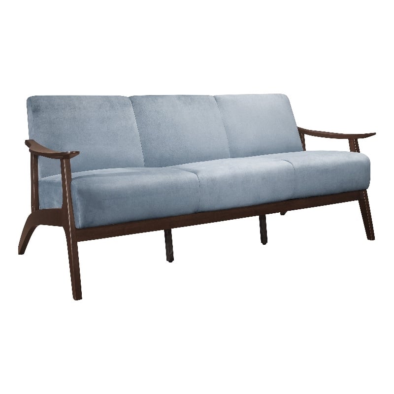 Rica 73 Inch Sofa- Soft Blue Gray Velvet- Walnut Brown Solid Rubberwood