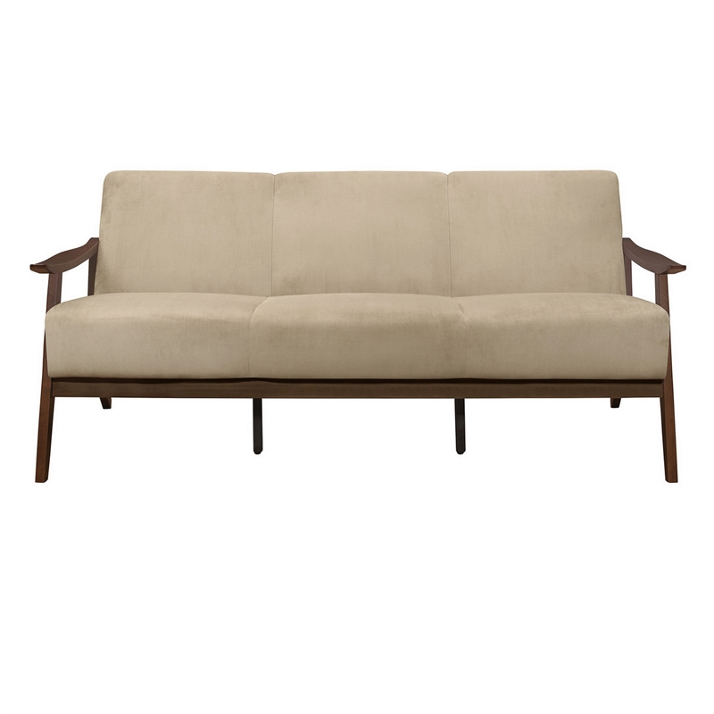 Rica 73 Inch Sofa- Soft Beige Velvet- Walnut Brown Solid Rubberwood