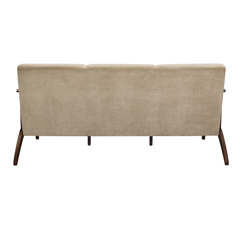 Rica 73 Inch Sofa- Soft Beige Velvet- Walnut Brown Solid Rubberwood