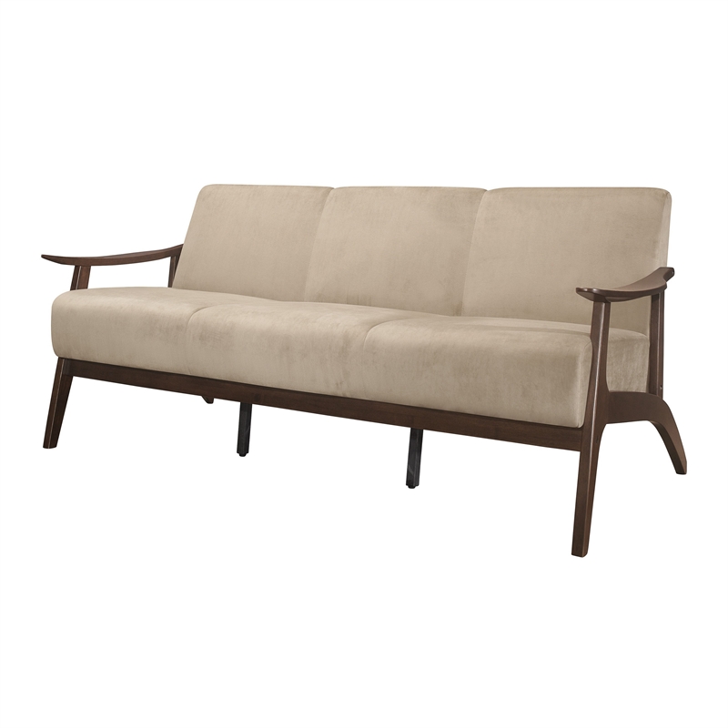 Rica 73 Inch Sofa- Soft Beige Velvet- Walnut Brown Solid Rubberwood