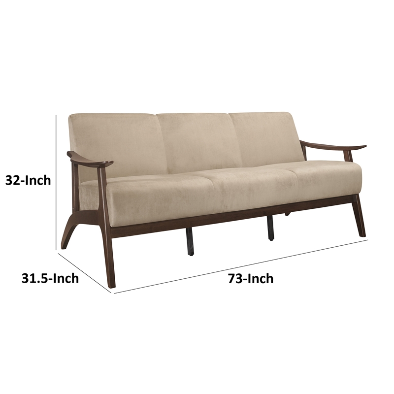 Rica 73 Inch Sofa- Soft Beige Velvet- Walnut Brown Solid Rubberwood