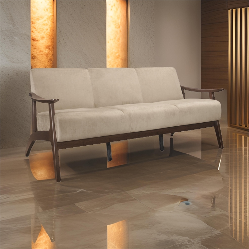 Rica 73 Inch Sofa- Soft Beige Velvet- Walnut Brown Solid Rubberwood