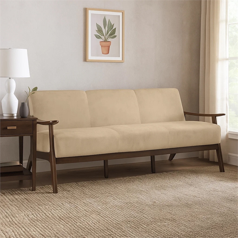 Rica 73 Inch Sofa- Soft Beige Velvet- Walnut Brown Solid Rubberwood