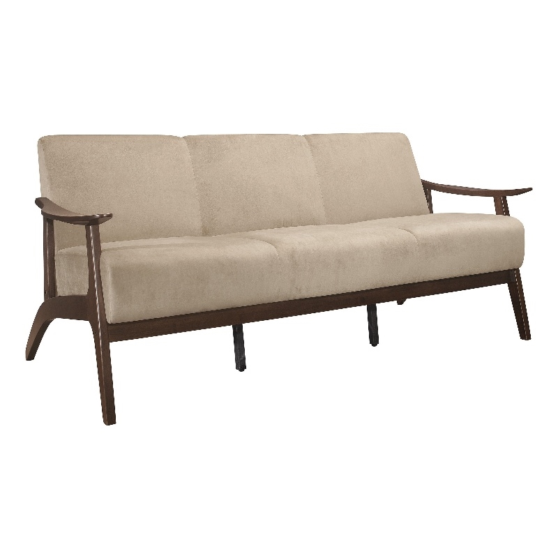 Rica 73 Inch Sofa- Soft Beige Velvet- Walnut Brown Solid Rubberwood