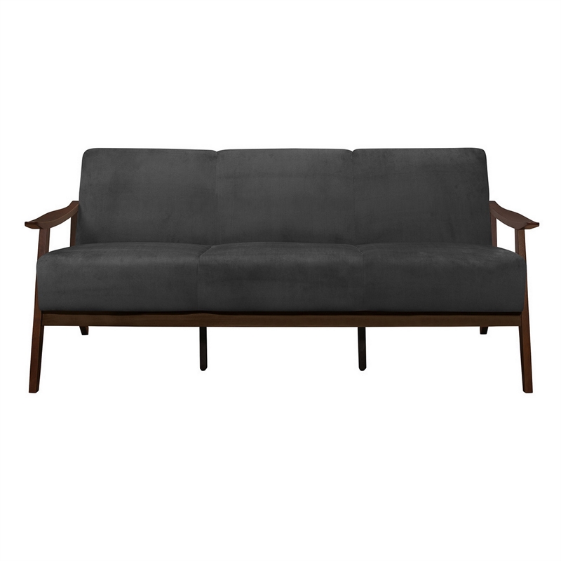 Rica 73 Inch Sofa- Soft Dark Gray Velvet- Walnut Brown Solid Rubberwood