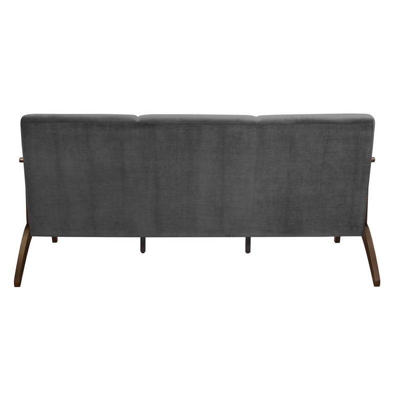 Rica 73 Inch Sofa- Soft Dark Gray Velvet- Walnut Brown Solid Rubberwood